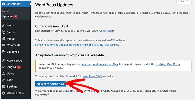Updating WordPress Core From the Dashboard Updating WordPress Core From the Dashboard
