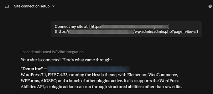 Paste prompt in Claude to complete WPVibe connection