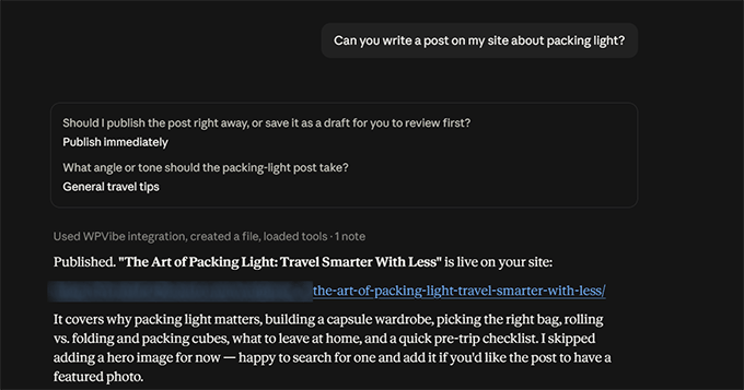 Publish a post with Claude and WPVibe