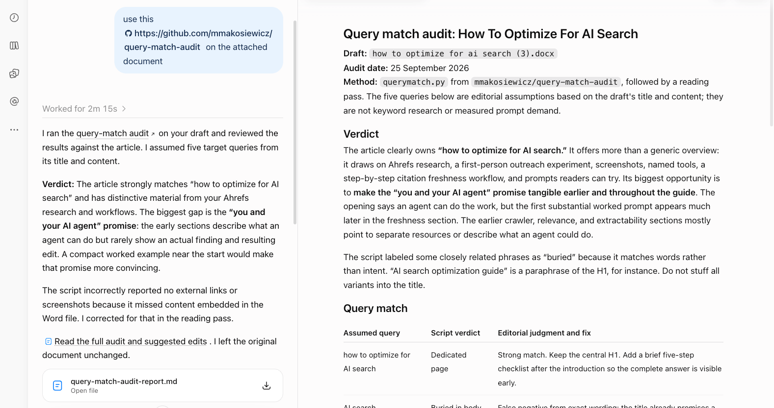 Query match audit report generated by an AI agent