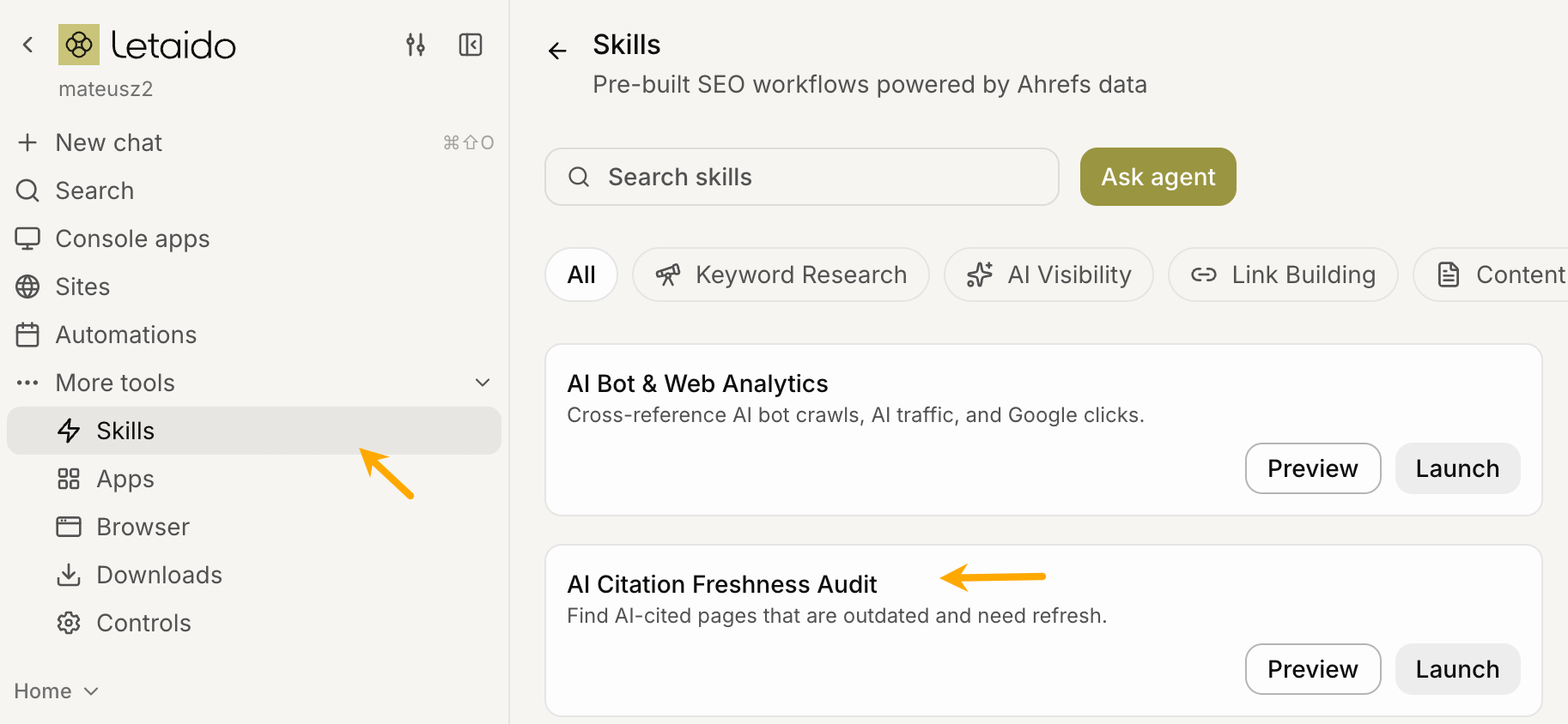 Letaido Skills page showing the AI Citation Freshness Audit