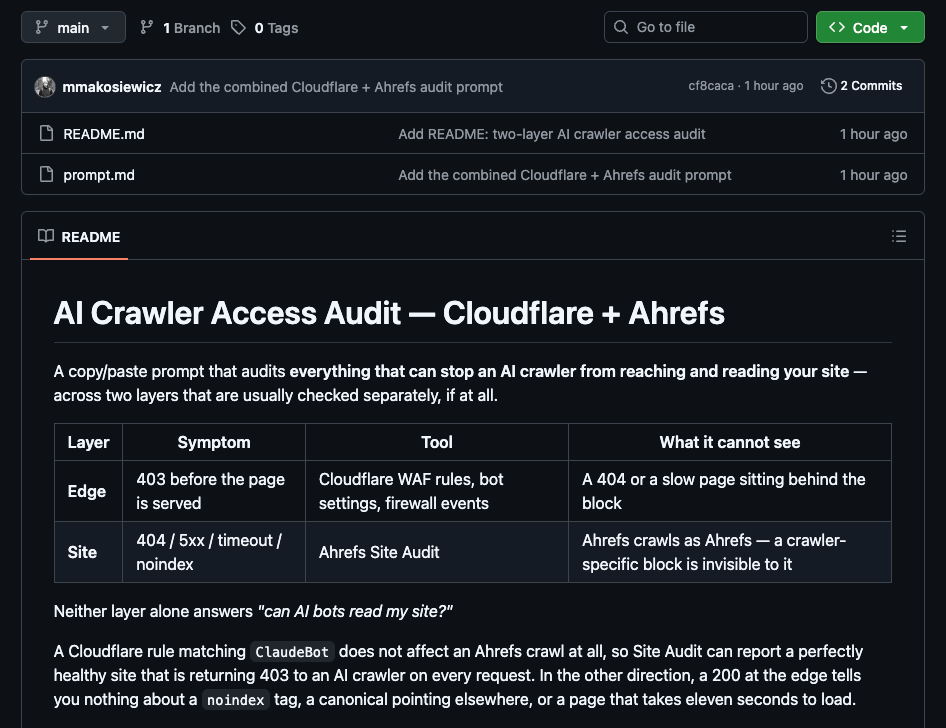 GitHub repo for the AI crawler access audit prompt