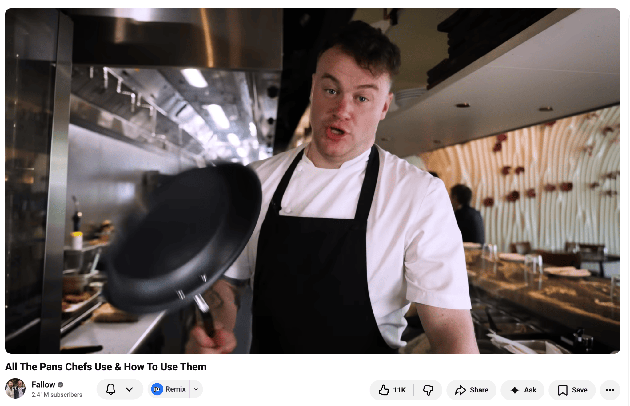A YouTube video from Fallow (2.41M subscribers) titled "All The Pans Chefs Use & How To Use Them," showing a chef holding a pan in a restaurant kitchen, with 11K likes.