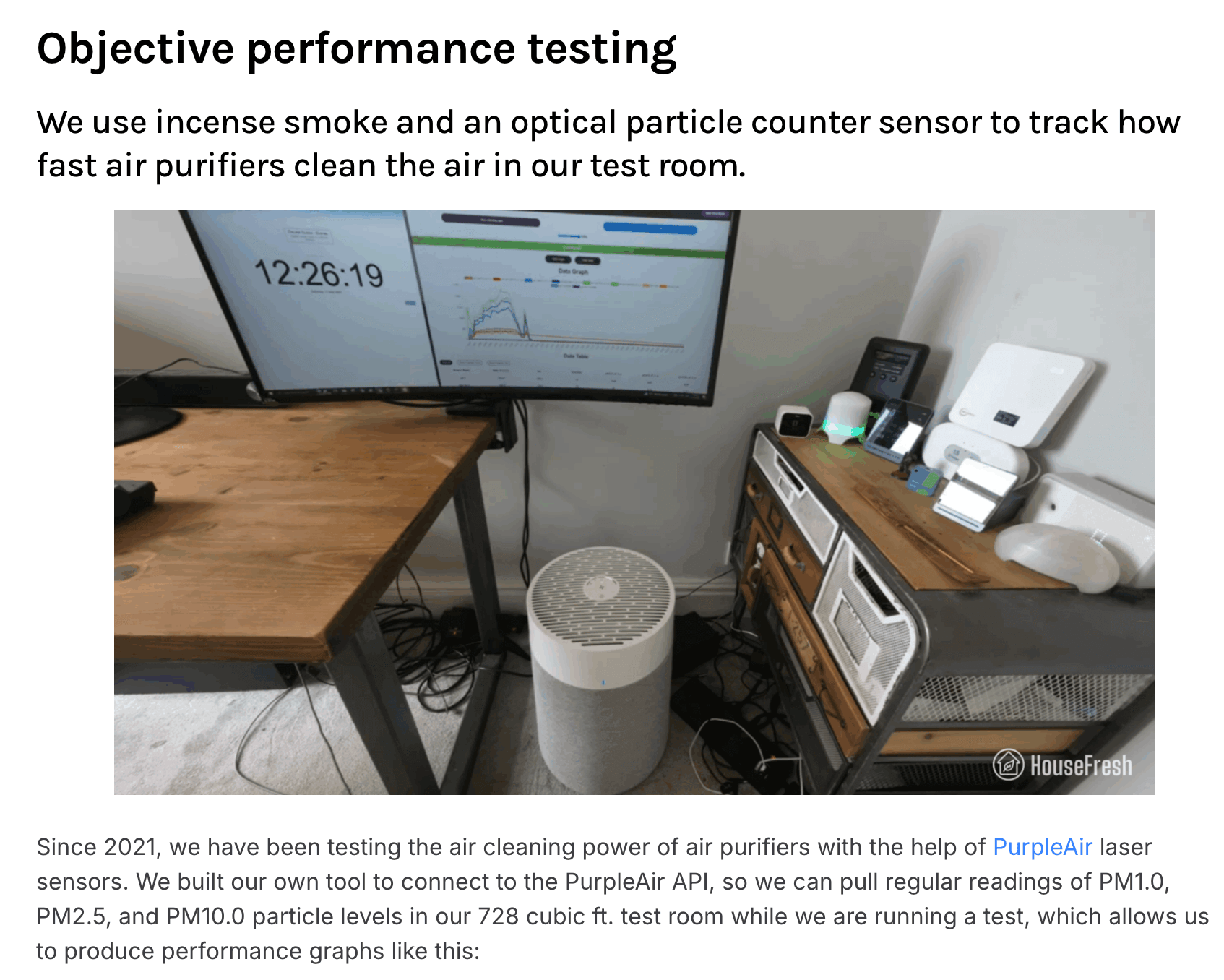 HouseFresh's air purifier test setup showing an air purifier on the floor, a monitor displaying live particle data graphs, and testing equipment in a real room.