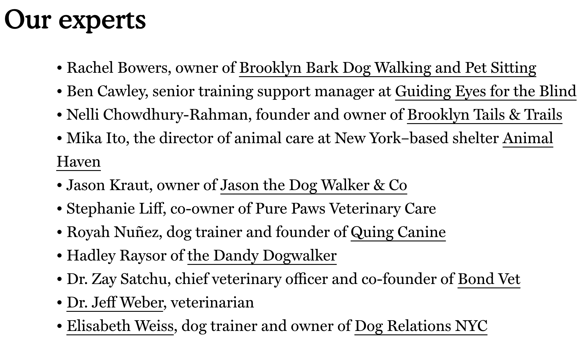 The Strategist's "Our experts" section listing 11 dog care specialists, including veterinarians, dog trainers, and pet business owners.