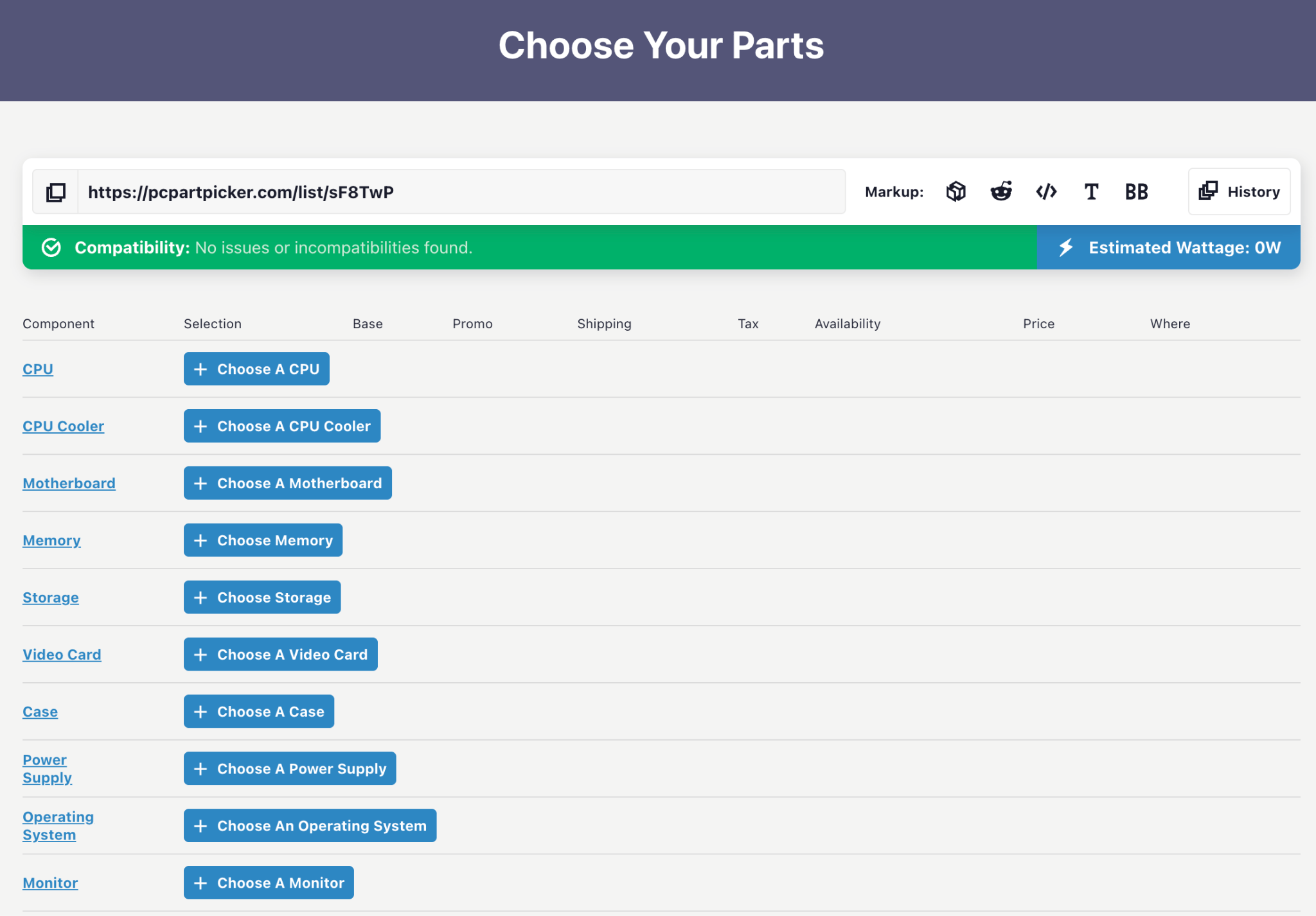 PCPartPicker's system builder tool showing an empty parts list with component categories including CPU, Motherboard, Memory, Storage, and Video Card, with a compatibility checker confirming no issues found.