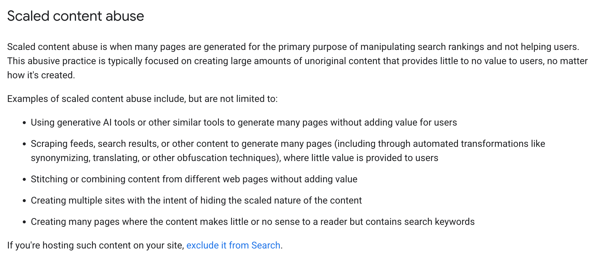 Google's scaled content abuse policy page listing five examples, including using generative AI tools to generate many pages without adding value for users.