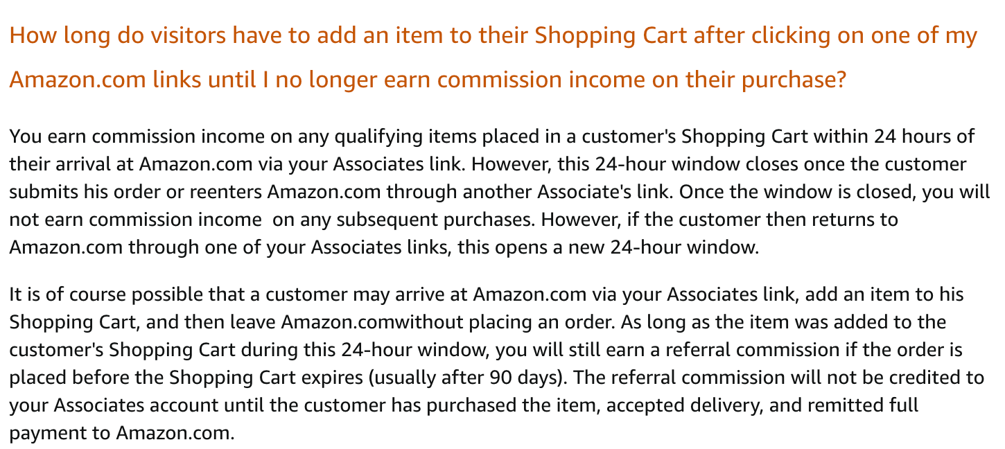 Amazon Associates help page explaining the 24-hour cookie window and 90-day Shopping Cart expiration policy for earning referral commissions.