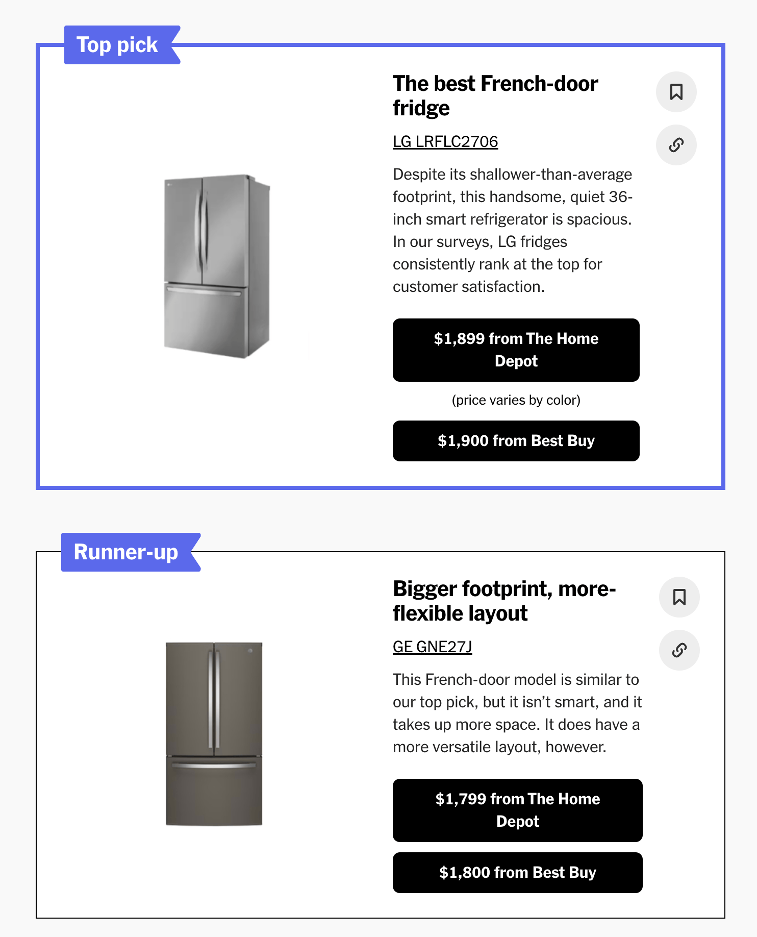Wirecutter product callout boxes showing a top pick LG fridge at $1,899 and a runner-up GE fridge at $1,799, each with affiliate buy buttons.