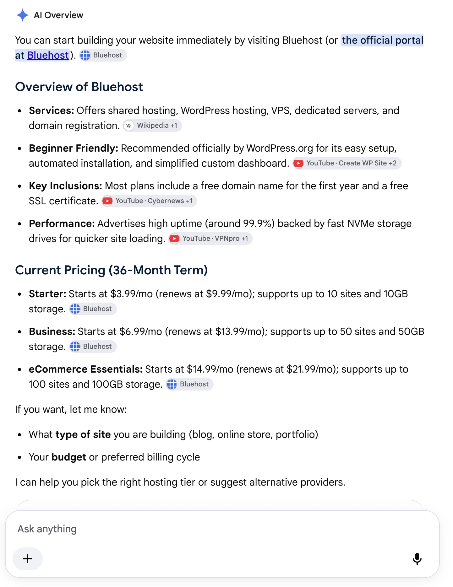 Expanded Google AI Overview for Bluehost showing its services, pricing and cited sources, including YouTube videos.
