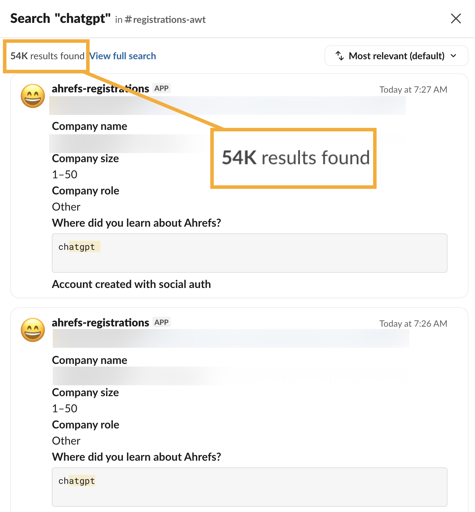 Slack search for the word chatgpt inside the Ahrefs registrations channel, returning 54K results. Each result is a registration notification showing company name, size and role, with ChatGPT typed into the "Where did you learn about Ahrefs?" field
