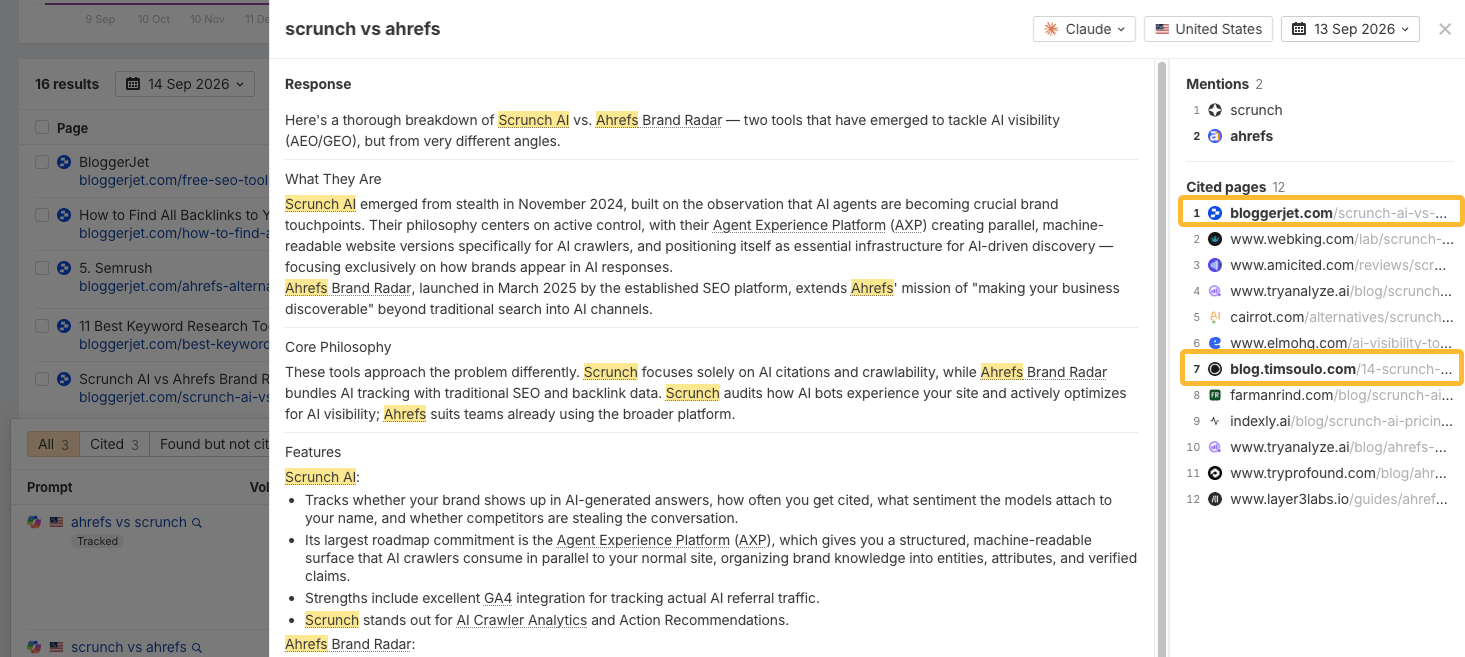 Claude answer for "scrunch vs ahrefs" in Brand Radar with two cited blog sources highlighted
