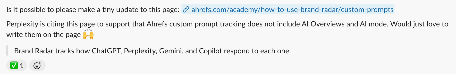 Slack message asking a publisher to correct a Brand Radar custom prompts page cited by Perplexity
