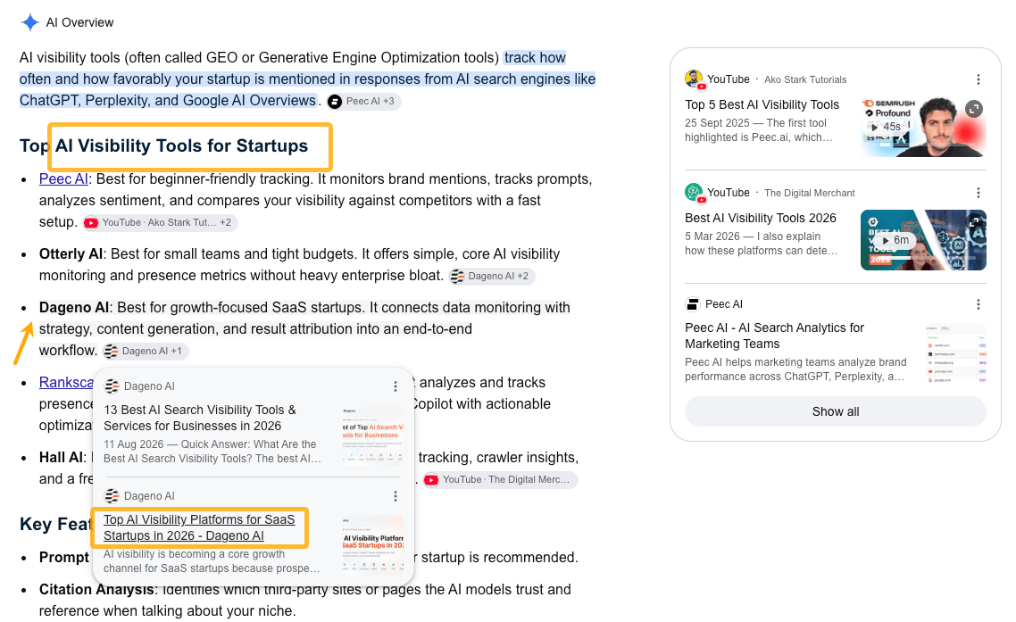 Google AI Overview listing top AI visibility tools for startups, citing a Dageno AI page for SaaS startups