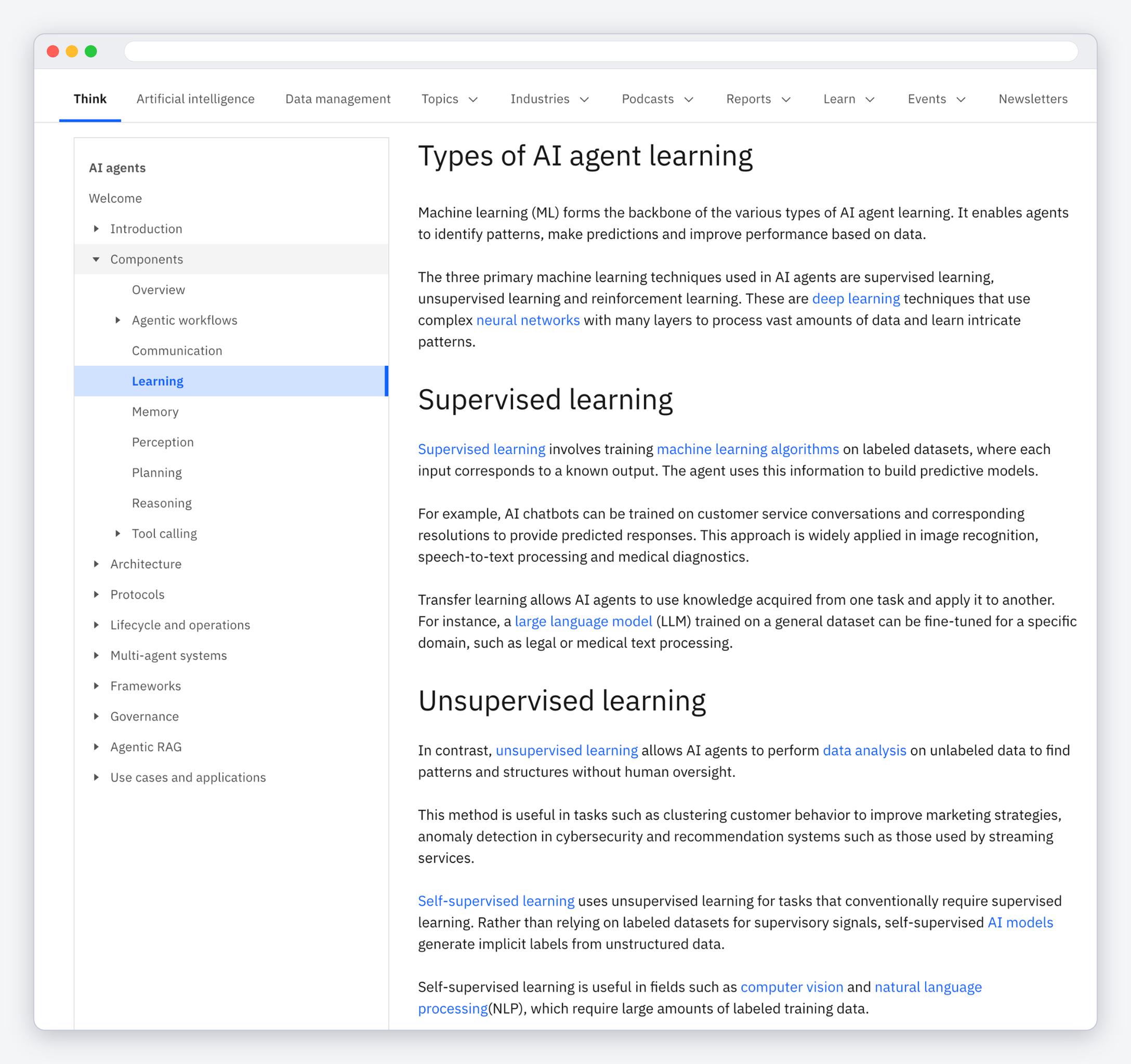 Screenshot of an IBM page on types of AI agent learning, with a sidebar menu and plain, definition-style paragraphs under "Supervised learning" and "Unsupervised learning."