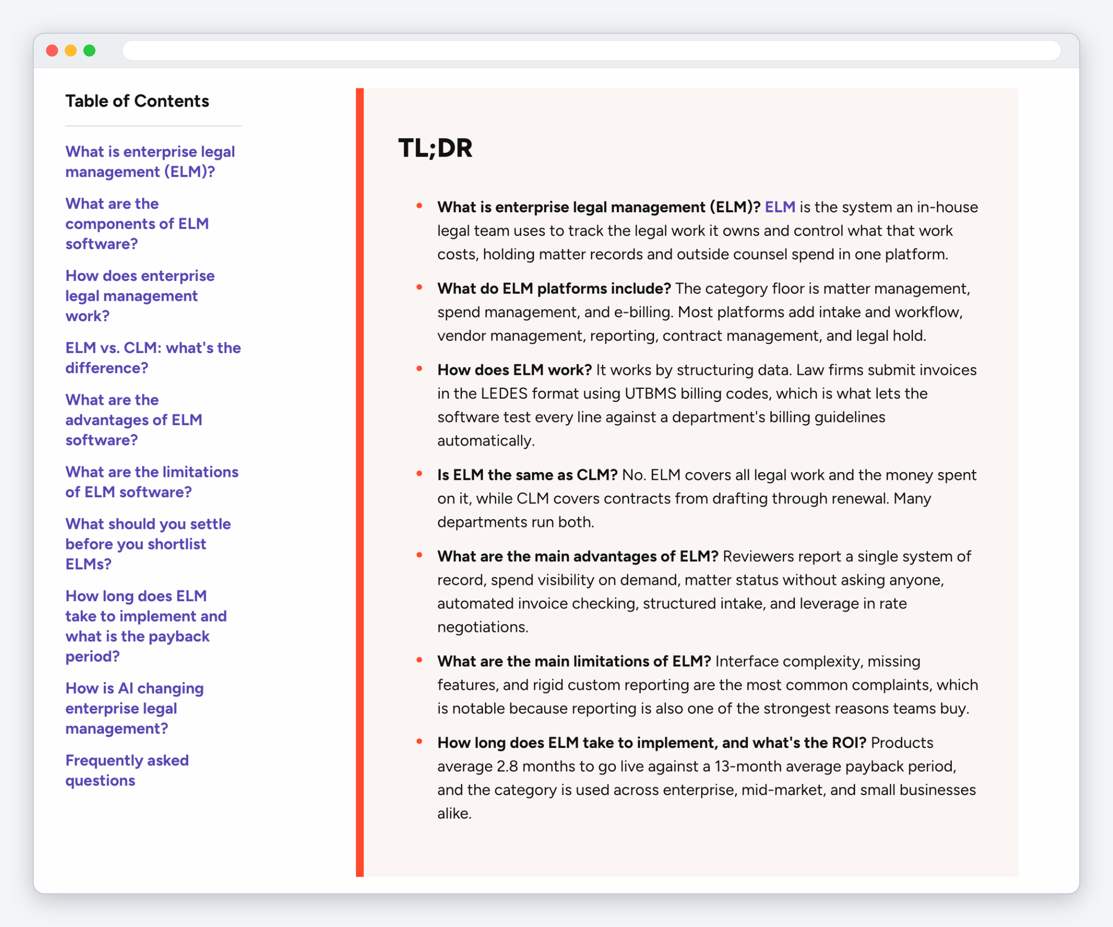 Screenshot of an enterprise legal management software guide, with a table of contents on the left and a TL;DR summary box of short question-and-answer bullets.