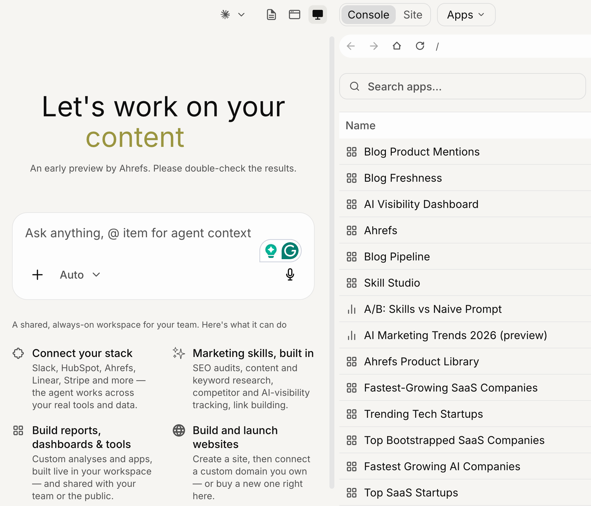 Letaido interface showing a chat prompt labeled "Let's work on your content," four capability descriptions, and a right panel listing apps including Blog Freshness, Ahrefs, Blog Pipeline, and AI Visibility Dashboard.