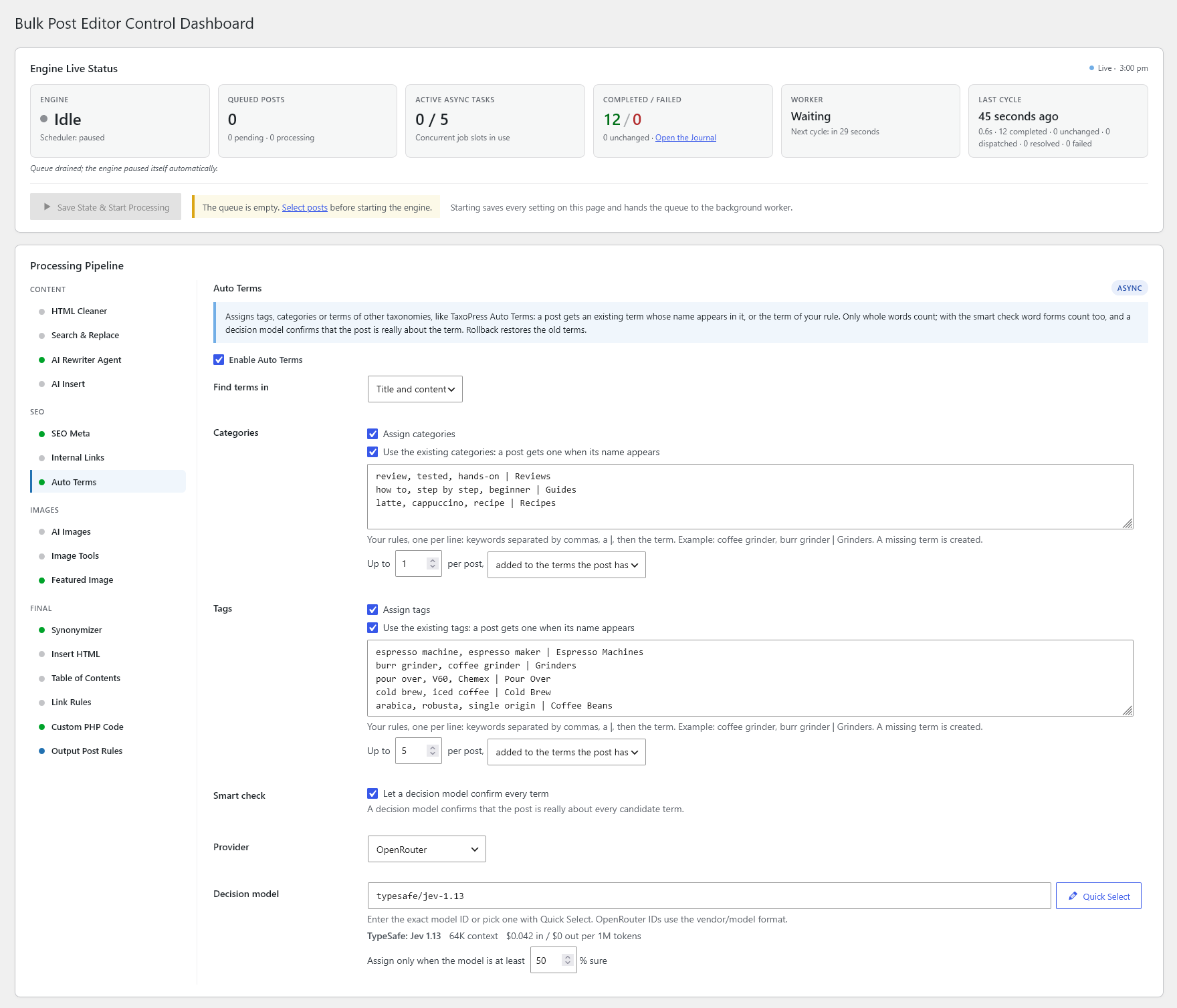 Bulk Post Editor - Dashboard