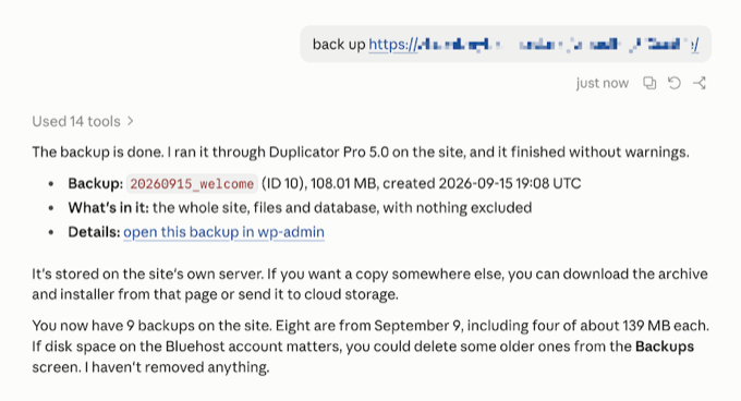 An AI assistant chat asking Duplicator to create a full site backup and reporting when it is complete