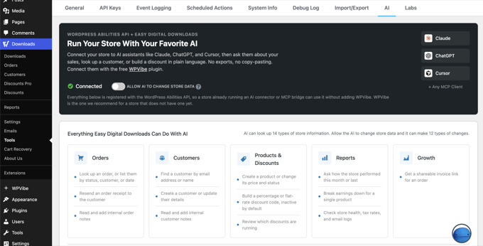 The new AI tab under Downloads » Tools in Easy Digital Downloads with the WordPress Abilities API settings