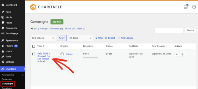 The Charitable Campaigns screen showing a draft campaign created by an AI assistant through WPVibe