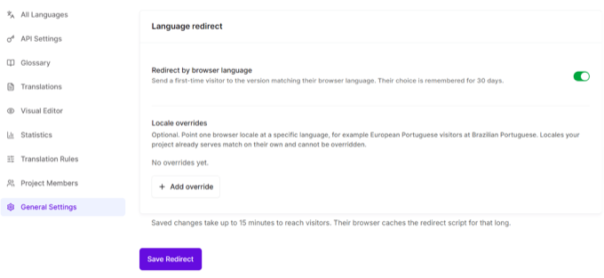 The Universally General Settings screen with the Redirect by browser language option switched on