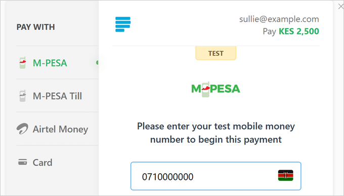The Paystack payment popup on a WPForms form offering M-PESA, Airtel Money, and card payment options in Kenyan shillings