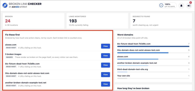 The new Broken Link Checker dashboard showing a Fix these first list and the worst domains on the site