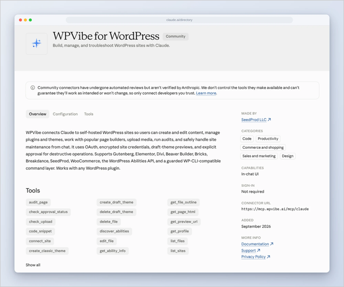 The WPVibe for WordPress listing in Claude's Connectors Directory showing its description and available tools
